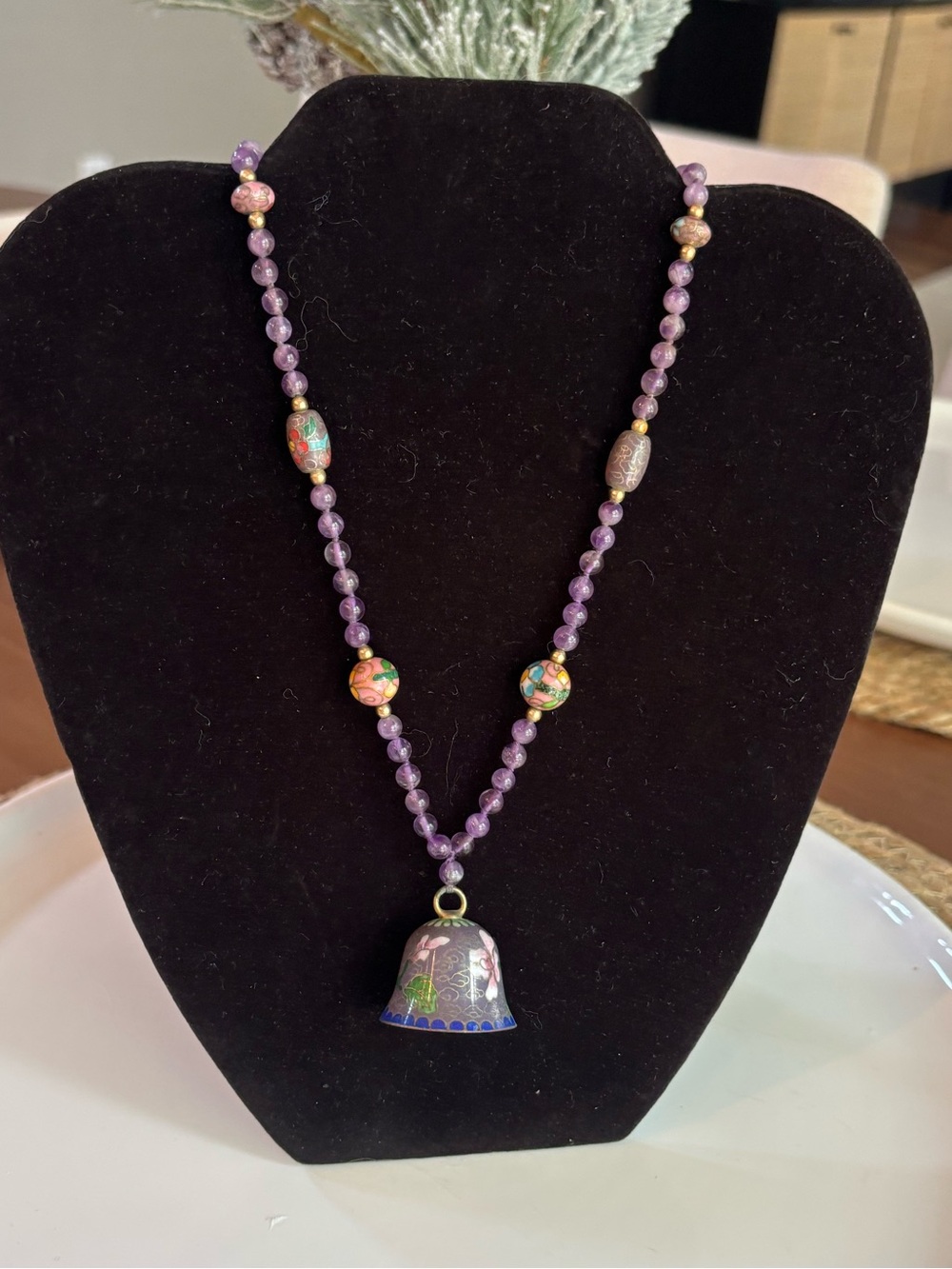 Vintage Amethyst Bead Necklace Cloisonne Enamel Bell Pendant Floral Silver 18”